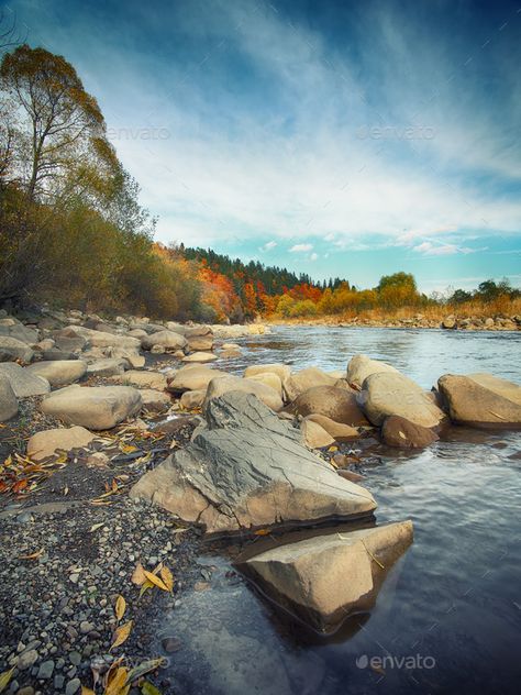 rocky shore of the river by Pilat666. rocky shore of the river. Autumn time #Sponsored #river, #shore, #rocky, #time River Reference, Rocky Sea Shore, Watercolour Rocks, Natural Reference, Shore Landscape, Rocky Shoreline, Rocky Landscape, Nature Tourism, Art For Walls