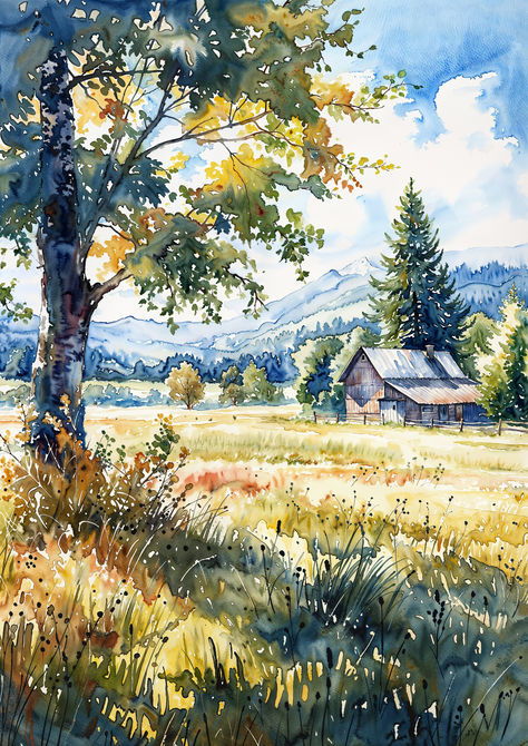 From the porch of a rustic cabin, gaze upon watercolor-painted golden fields and distant mountains in harvest time. Watercolor Cabin, Landscapes Watercolor, Grass Drawing, Mountains Watercolor, Golden Fields, Distant Mountains, Cabin In The Mountains, Golden Harvest, Watercolor Mountains