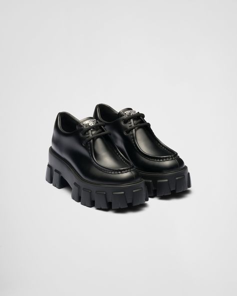 Monolith Brushed Leather L... $1290 Available from Prada Prada Monolith, Prada Women, Loafer Shoes Women, Platform Loafers, Prada Leather, Triangle Logo, Women Essentials, Fine Jewelry Collection, Prada Shoes