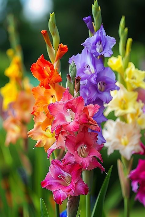 Rainbow Gladiolus is renowned for its tall spikes filled with vibrant, multi-colored blooms. Perfect for adding vertical interest and a dazzling display of colors in any garden.  Light: Full sun. Water: Water regularly to keep soil evenly moist. Soil: Well-draining, fertile soil. Temperature: 60-75°F (15-24°C). Humidity: Moderate. Fertilizer: Balanced fertilizer every two weeks during growing season.Great for cut flower arrangements.  #Gladiolus #RainbowFlowers #Garden #Bloom Gladiolus Flower Colors, Gladiolus Flower Aesthetic, Gladiolas Flower, Gladiolus Flower Arrangements, Gladiolus Tattoo, Rockery Garden, August Flowers, Gladiolus Flower, Sun Water