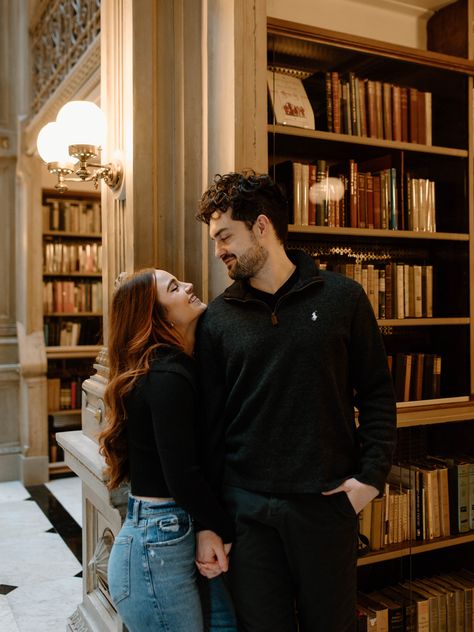 Couple Book Photoshoot, Library Prenup Shoot, Library Couple Shoot, Bookshop Engagement Photos, Library Pre Wedding Shoot, Couple In A Library, Couples In Library, Book Store Photoshoot Couple, Engagement Photos In Library