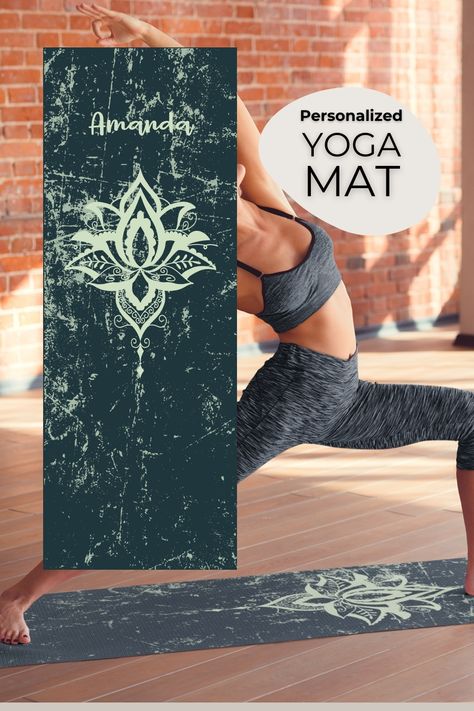 This photo showcases a yoga mat with a dark grey background and grunge texture, adorned with a mandala symbol and "Amanda" in cream colored lettering. As an added motivational element, a woman is pictured performing a yoga pose on the mat. Personalized Yoga Mat, Workout Mat, Custom Yoga Mat, Yoga Mats Design, Suede Top, Wedding 2024, Yoga Gifts, Mat Exercises, Yoga Mats