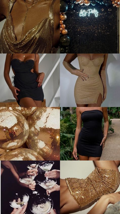 21st Birthday Ideas Themes Black Gold, 24th Party Themes, Gold And Black Outfit Parties, Golden Gals Bachelorette, Gold Themed Party Outfit, Black And Champagne Birthday Theme, Gold And Silver Bachelorette Party, Gold Themed Birthday Party Outfit, Gold Rush Bachelorette