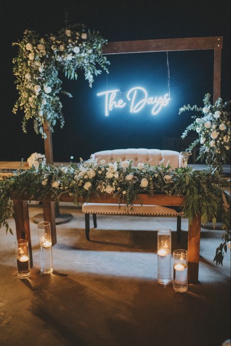 Bride And Groom Table Neon Sign, Led Wedding Sign Sweetheart Table, Neon Sign Ideas For Wedding, Wedding Arch With Led Sign, Neon Sign Wedding Head Table, Sweetheart Table Arch Backdrop, Neon Sign Behind Sweetheart Table, Sweetheart Table Wedding With Neon Sign, Light Up Wedding Signs