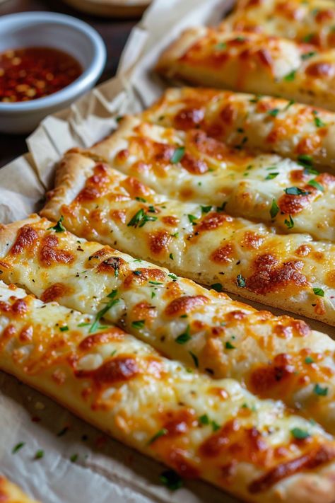 Cheesy Bread With Pizza Dough, Yummy Cheesy Food, Gourmet Pizza Ideas, Cooking Club Ideas, Garlic Sauce Pizza, Garlic Sticks, Garlic Breadsticks Recipe, Cheesy Garlic Breadsticks Recipe, Cheesy Food