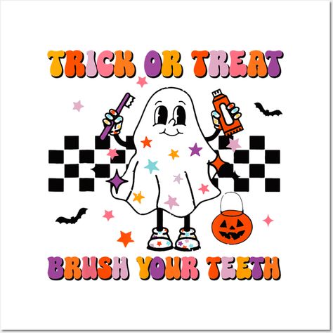 Trick Or Treat Brush Your Teeth Halloween Cute Dentist T Shirt -- Choose from our vast selection of art prints and posters to match with your desired size to make the perfect print or poster. Pick your favorite: Movies, TV Shows, Art, and so much more! Available in mini, small, medium, large, and extra-large depending on the design. For men, women, and children. Perfect for decoration. Brush Your Teeth, Halloween Cute, Hard Hats, Funny Stickers, Trick Or Treat, Custom Stickers, Brushing Teeth, Favorite Tv Shows, Water Bottles