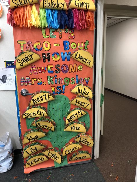 Teacher Appreciation Door Mexico Theme Classroom Door, Taco Door Decorations, Decorate Teacher Door Ideas, Door Decorations Teacher Appreciation, School Pride Door Decorations, Fiesta Theme Teacher Appreciation Week, Teacher Appreciation Sign Ideas, Principal Appreciation Door Decoration, Fiesta Door Decorations Classroom