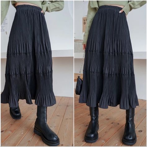 Black Luxe High Waisted Pleated Ruffle Maxi Skirt S M L Xl, 100% Polyester, Ships In 7-8 Days Long Flowy Black Skirt, Rectangle Body Shape Skirts, Maxi Skirt With Hoodie, Punk Maxi Skirt, Long Black Skirt Aesthetic, Nonbinary Femme Fashion, Masculine Skirt Outfit, Oversized Tshirt With Skirt, Skirts For Short Women