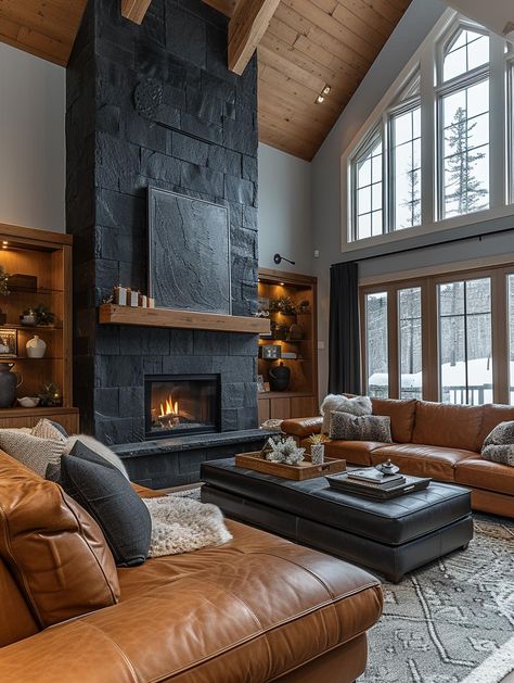 Rustic Living Room Designs, Condo Renovation, Black Bedroom Design, Rustic Homes, Modern Rustic Living Room, Fireplace Designs, Cabin Bedroom, Room Fireplace, تصميم داخلي فاخر