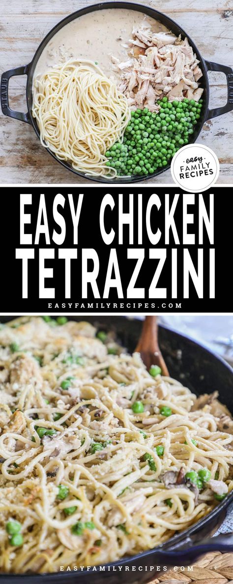 Chicken Tetrazzini · Easy Family Recipes Tetrazzini Sauce Recipe, Chicken Tetrazzini Healthy, Chicken And Mushroom Tetrazzini, Chicken Terrizani, Chicken Tetrazzini Recipes Easy, Chicken Tretazzini Recipe, Chicken Tetrazzini Easy, Homemade Chicken Tetrazzini, Chicken Peas Pasta