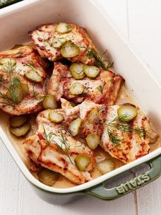 Recipe: Dill Pickle Chicken | Serve dill dishes as your main, paired with corn on the cob and a fresh summer salad, and you won't be disappointed. Or pack it up and eat it cold on your next picnic or beach day. It can be the shining star of a simple chicken sandwich, or just chop it up for a creamy chicken salad or grain bowl. Ready to give Taco Tuesday a fresh spin? Whether you stuff it into tacos, a burrito, quesadillas, or nachos, this punchy chicken fits the bill. Easy Vacation Meals, Dill Pickle Chicken, Pickle Chicken, Protein Dinner Recipes, Dill Recipes, Easy Chicken Thigh Recipes, Vacation Meals, Feed A Crowd, Quick Chicken