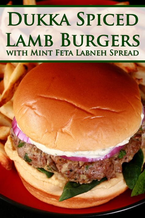 These Dukkah Lamb Burgers are a great use of my one of my favorite seasoning blends! They're topped with easy feta labneh spread - Delicious! Lamb Burger Recipes, Lamb Burger, Spiced Lamb, Seasoning Blends, Lamb Burgers, Seasoning Blend, Burger Recipes, Sandwich Recipes, Feta