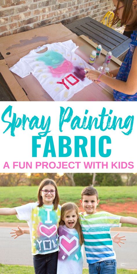 Grab a plain t-shirt and some fabric spray paint because these spray painted fabric shirts are easy to make. A fun craft project for kids of all ages. #spraypaintedshirts #kidscraftproject Spray Painting Fabric, Spray Paint Shirt, Fabric Spray Paint, Fabric Paint Shirt, Painting Fabric, Paint Shirts, Puff Paint, Fabric Spray, Tshirt Crafts