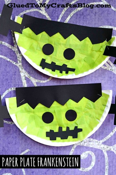 Halloween Paper Plate Crafts, Frankenstein Craft, Idea For Halloween, Halloween Crafts Preschool, Halloween Crafts For Toddlers, October Crafts, Fall Arts And Crafts, Halloween Arts And Crafts, Toddler Arts And Crafts