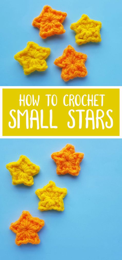 Crochet Star Mobile, Crochet Moon And Stars Applique, Crochet Moon Applique Free Pattern, Crochet Star Accessories, Free Star Crochet Pattern, Small Star Crochet, Small Crochet Applique Patterns Free, Cute Small Things To Crochet, Crochet Small Star