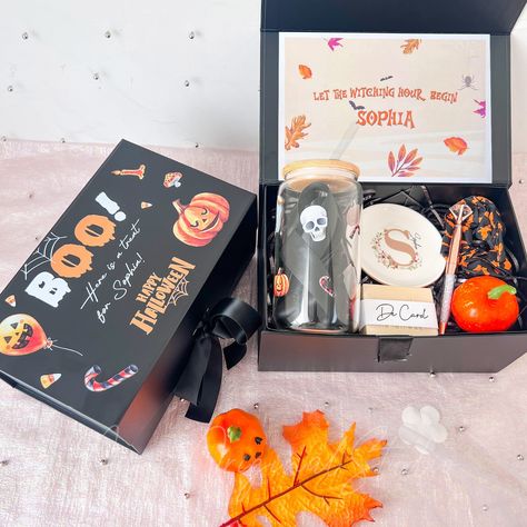 Halloween Mystery Gift Box, Personalized Gifts For Her, Gift Box For Women, Best Friend Birthday Gifts, Self Care Box, Thinking Of You Care Package, Thank You Gift Box 🎃Trick Or Treat, Halloween themed decoration. 🎃 This Halloween gift box is a lovely present to treat yourself or someone you love to a moment. The gift box includes: 1.Personalized box(inviting cards) 2.Personalized Glass Cup 3.Personalized Ring Dish(with custom name) 4.Personalized Handmade Soap(with custom name) 5.Diamond Pen Cake Gift Basket, Halloween Theme Birthday, Halloween Themes Decorations, Personalized Halloween Gifts, Halloween Mystery, Trick Or, Gift Boxes For Women, Spooky Gifts, Care Box