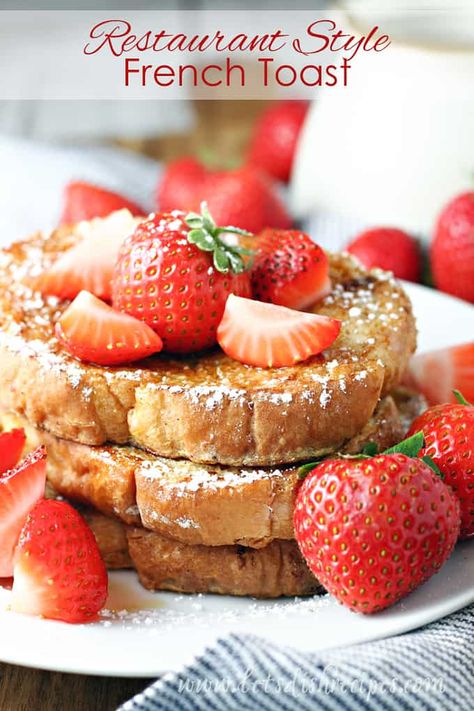 Restaurant Style French Toast Recipe -- Crispy on the outside and fluffy on the inside, this French toast is as good as any you'll get in a restaurant. Serve with your favorite syrup or fruit topping. #breakfast #frenchtoast #recipes Toast Restaurant, Jumbo Blueberry Muffins, Strawberry Cream Cheese Filling, Chocolate French Toast, Fruit Topping, Blueberry Crumb Cake, French Toast Ingredients, Homemade Greek Yogurt, Vegan French Toast