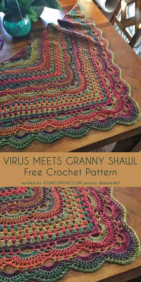 Square Crocheted Blanket, Granny Meets Virus Blanket Pattern, Free Crochet Pattern For Granny Square Scarf, Crochet Virus Shawls, Diy Crochet Shawl, Granny Stitch Crochet Projects, Tie Dye Crochet Pattern, Virus Stitch Crochet Free Pattern, Lacey Shawls Crochet Pattern