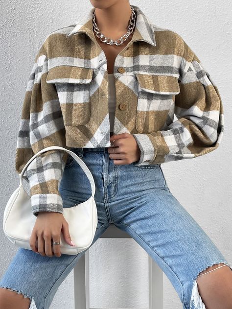 Multicolor Casual Collar Long Sleeve Polyester Plaid Shacket Embellished Non-Stretch  Women Outerwear Outfits Con Camisa, Shacket Outfit, Plaid Shacket, City Woman, Women Outerwear, Women Jackets, Plus Size Fashion For Women, Plaid Print, Womens Casual Outfits