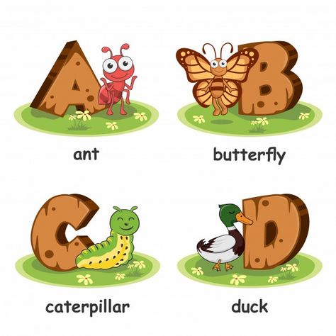 Ant butterfly caterpillar duck wooden an... | Premium Vector #Freepik #vector #school #kids #wood #children Butterfly Caterpillar, Ocean Books, Animals Alphabet, Cute Dolphin, Kids English, Animal Alphabet, Art N Craft, Kids Wood, Wooden Animals