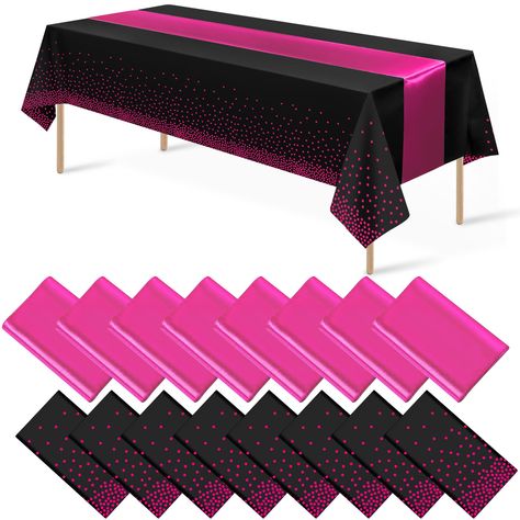 PRICES MAY VARY. What you will get: the package includes 8 pcs black and hot pink confetti dot plastic tablecloth and 8 pcs hot pink satin table runner, specific color as the picture shown, nice combination for you to use in daily life or important occasions enhancing the atmosphere for your event. Classic design: the black hot pink rectangle table cloth is designed with the black colors background and printed with hot pink foil polka dot,the table runner is made of satin, silky and smooth, thic Pink And Black Centerpieces Birthday, Pink And Black Decorations Party Ideas, Pink Black Party Decorations, Black And Pink Decorations Party, Pink And Black Birthday Theme, Pink Black And Gold Party Decorations, Pink And Black Birthday Party Decoration, Pink Black White Party, Pink And Black Party Theme