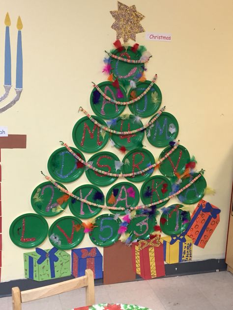 Easy Christmas tree for the classroom using paper plates Diy Christmas Tree For Classroom, Christmas Tree Display Board, Christmas Tree Ideas For Classroom, Christmas Tree For Classroom Wall, Decorate Paper Christmas Tree For School, Christmas Tree Board Ideas, Paper Christmas Tree On Wall, Classroom Christmas Tree, Paper Plate Art