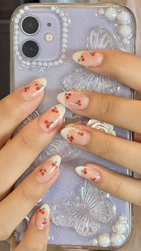 Cherry Acrylic Nail Designs, Short Nail Designs Cherry, Cute Nail Extensions, Simple Cherry Nails, Nails For Kids Short, Cherry Design Nails, Kids Nails Cute Simple, Nail Cherry, Uñas Cute