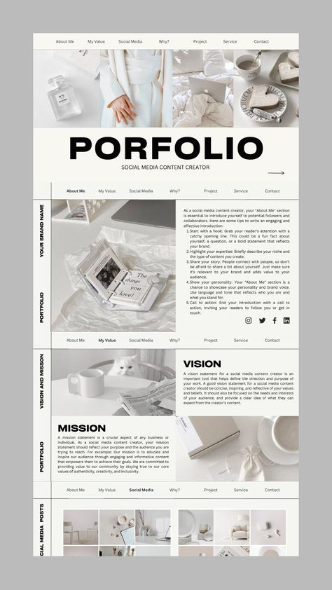 E Portfolio Design Templates Aesthetic, Website Design For Portfolio, Digital Design Portfolio Ideas, Work Portfolio Design, Elegant Portfolio Design, Digital Media Portfolio, Social Layout Design, Social Media Manager Portfolio Design, Fashion Management Portfolio