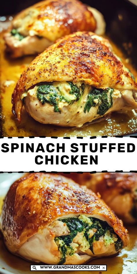 This Spinach Stuffed Chicken is packed with flavor and nutrients! Tender chicken breasts are filled with creamy spinach, garlic, and cheese for a meal that’s both satisfying and healthy. Spinach Mushrooms Chicken, Recipes For Dinner Healthy Low Carb, Goat Cheese Spinach Chicken, Chicken Stuffed With Spinach And Cheese, Baked Chicken Spinach Recipes, Chicken Stuffed With Spinach And Feta, Grilled Chicken And Spinach Recipes, Cranberry And Spinach Stuffed Chicken, Ricotta Cheese And Spinach Recipes