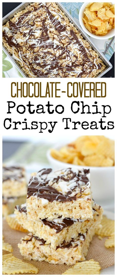 Chocolate Potato Chips, Crispy Treats Recipe, Chocolate Covered Potato Chips, Salty Desserts, Rice Crispy Treats Recipe, Cereal Treats, Potato Chip, Rice Crispy Treats, Foodie Friends