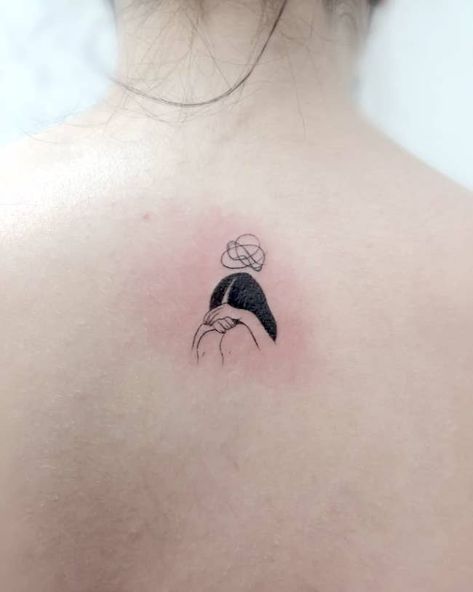 I think too much_small meaningful nape tattoo by @jess.tattoo- small meaningful tattoos Tattoos For People Who Care Too Much, Small Line Art Tattoos Meaningful, Interesting Small Tattoos, Introverted Tattoo Ideas, Tattoo For Insecurity, Over Thinking Tattoos, Tattoos Lonliness Ideas, Tattoos For Quiet People, I Think Too Much Tattoo