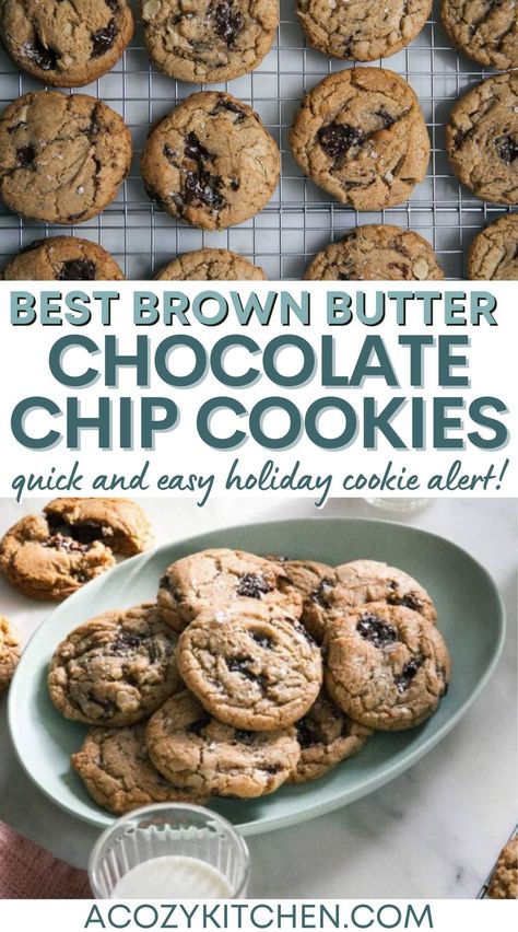 Brown butter chocolate chip cookies are so gooey and nutty in flavor. They're made better with walnuts; if you dislike walnuts in your chocolate chip cookies, leave them out! That caramel-like flavor that lives in these cookies goes SO well with sea salt. Yum! #holidaycookies #brownbutterrecipes #Christmascookies #holidaybaking Walnut Chocolate Chip Cookies, Chocolate Chip Cookies Easy, Simple Holiday Cookie Recipes, Easy Holiday Cookies, Brown Butter Chocolate Chip, Brown Butter Chocolate Chip Cookies, Easy Chocolate Chip Cookies, Walnut Cookies, Cookies Easy