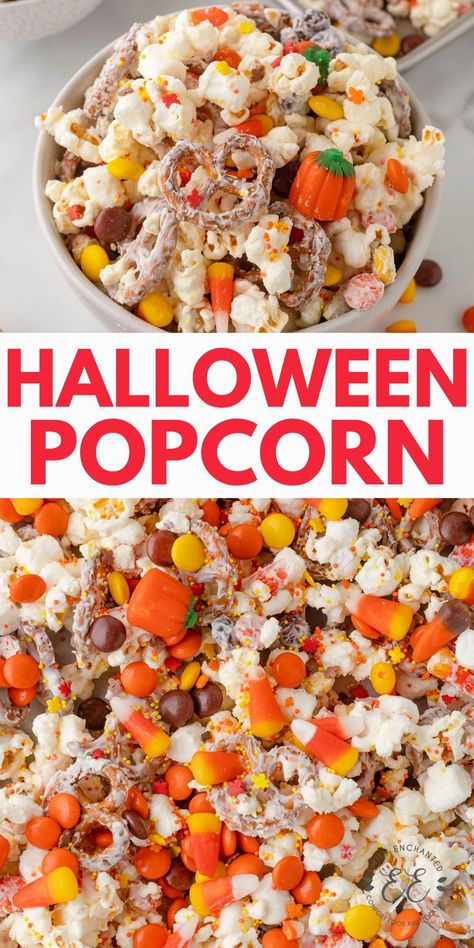 Halloween Popcorn is a chocolate covered popcorn snack with pretzels, sprinkles, and candy corn and pumpkins. Popcorn With Candy, Halloween Popcorn Mix, Candy Popcorn Recipe, Chocolate Covered Pretzels Halloween, Halloween Popcorn Balls, Popcorn Recipes Chocolate, Covered Popcorn, Candy Corn Recipe, Fall Snack Mixes