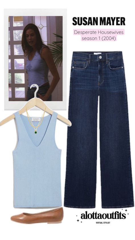 Susan Mayer inspired outfit featuring a blue tank top, jeans, and ballet flats. Susan Mayer Outfit, Desperate Housewives Outfits, Desperate Housewives, Virtual Stylist, Chic Look, Casual Chic Style, Old Money, Season 1, Scarlet