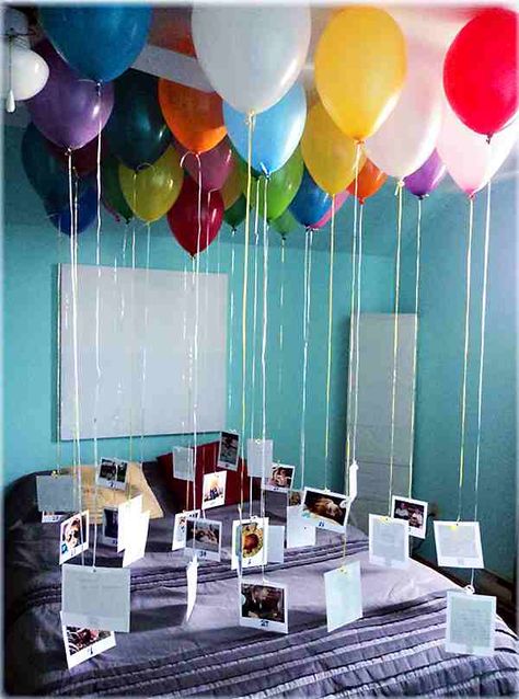 fill balloons with helium, attach a ribbon with a photo and a memory or reason why you love them on the back of the photo. Gather them all together (I used the bed for photo support) in any room in your house and wait for the birthday surprise.  175   33 Adult Birthday Party, 30th Birthday Gifts, Birthday Surprise, The Balloon, 30th Birthday, Party Planning, Party Time, Boyfriend Gifts, Cute Gifts