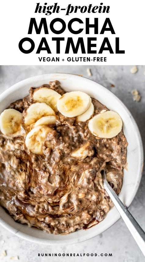 Love coffee? You'll love this vegan mocha protein oatmeal made with chia seeds, coffee and vegan protein powder. Oatmeal With Chia Seeds, Running On Real Food, Protein Oatmeal, Vegan Oatmeal, Oatmeal Recipe, Tofu Scramble, Vegan Protein Powder, Healthy Breakfast Smoothies, High Protein Breakfast