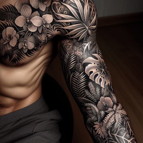 Paradise Sleeve Tattoo, Jungle Foliage Tattoo, Best Men’s Tattoo Sleeves, Floral Men’s Sleeve Tattoo, Foliage Tattoo Men, Meaningful Tattoo Sleeve Men, Back Tattoo Cover Up Ideas Men, Floral Leaves Tattoo, Sleeve Tattoo Nature