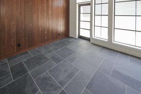 Slate Tile Sunroom, Grey Slate Tile Floor Kitchen, Mcm Slate Floor, Light Grey Slate Tile Floor, Dark Grey Slate Tile Floor, Grey Slate Tile, Entryway Tile, 3 Season Room, Blue Cape