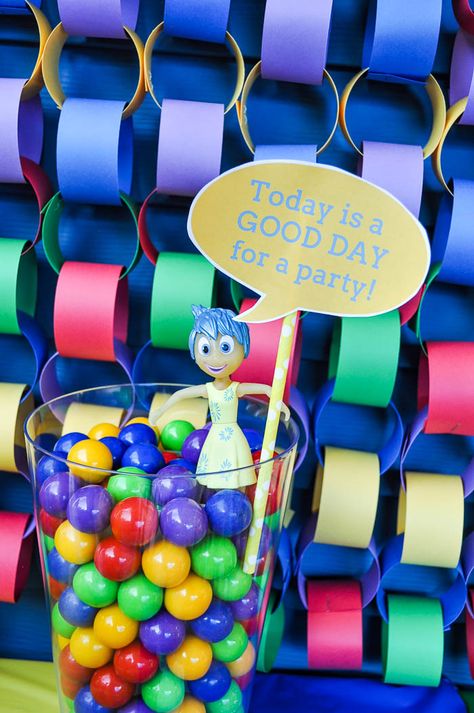 Fun and colorful Inside Out Party! Ideas! Celebrate your feelings and your Disney Side with this birthday party! | The Love Nerds Inside Out Decorations Diy Party Ideas, Inside Out Party, Inside Out Party Ideas, Peppa Pig Happy Birthday, Cat Birthday Wishes, Inside Out Birthday, Pixar Party, 20th Birthday Party, Disney Inside Out