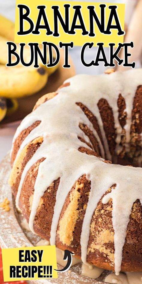 This banana bundt cake strikes the perfect balance between sweet and fruity flavors. Every bite of this moist banana cake is coated in a sweet glaze making it a dessert that is truly unforgettable. Banana Glaze Recipes, Banana Nut Mini Bundt Cakes, Banana Glaze Icing, Banana Bundt Cake Recipe, Moist Banana Cake, Easy Bundt Cake Recipes, Banana Bundt Cake, Banana Bundt, Easy Bundt Cake