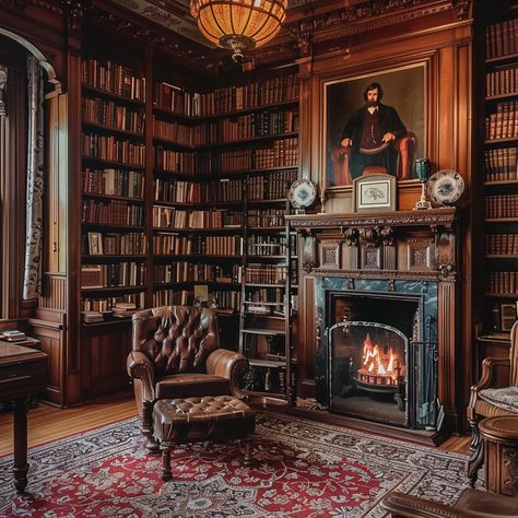 Classic Library Room: An inviting classic library room with a warm fireplace, leather armchair, and wooden shelves filled with books. #library #classic #fireplace #armchair #wooden #books #shelves #portrait #aiart #aiphoto #stockcake https://ayr.app/l/bN9V English Manor Library Study, Old English Library Aesthetic, Library Room Vintage, Victorian Era Library, Library Parlor Room, Library Fireplace Ideas, Fireplace In Library, English Library Aesthetic, 1900s Library