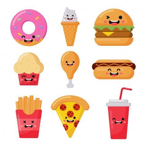 Set of cute funny fast food kawaii style... | Premium Vector #Freepik #vector #food #menu #kids #restaurant Healthy Pastry, American Chips, Food Kawaii, Kids Vector, Kids Menu, Food Wallpaper, Kawaii Style, Simple Doodles, Kawaii Fashion