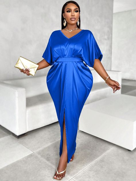 Blue Elegant Collar Short Sleeve Fabric Plain Fitted Embellished Non-Stretch  Women Plus Clothing Pleated Kaftan Dress, Kaftan Women, Cropped Leather Jacket, Caftan Dress, Kaftan Dress, Pajamas Women, Dress P, Plus Clothing, Cortes De Cabello Corto