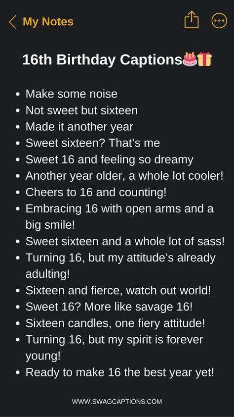 Sweet 16 and ready to shine on Instagram! Celebrate this major milestone with the perfect 16th birthday captions for your teen's festive photos. This collection offers a variety of witty, heartfelt, and fun caption ideas to make their 16th birthday post amazing. From clever puns about being 'six-teen' to inspiring quotes on embracing youth, you'll find creative ways to express the joy and significance of turning 16. Sweet 16 Quotes Inspiration, 16th Birthday Captions, Sweet 16 Quote, Birthday Captions For Instagram, First Birthday Quotes, 16th Birthday Quotes, Sweet Captions, Happy Birthday Captions, Sweet Birthday Messages