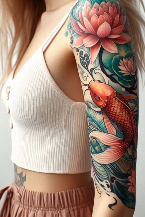 Arm Tattoo Wonder: Awe-Inspiring Art | Pocoko Koi Fish Tattoo For Women Half Sleeves, Koi Fish Tattoo Thigh Lotus Flowers, Dark Tattoo Cover Up Ideas For Women Back, Koi Fish Forearm Tattoo Women, Lotus And Koi Fish Tattoo, Koi Fish Sleeve Tattoo For Women, Asian Floral Tattoo, Fish Tattoo Shoulder, Koi Fish Tattoo With Flowers