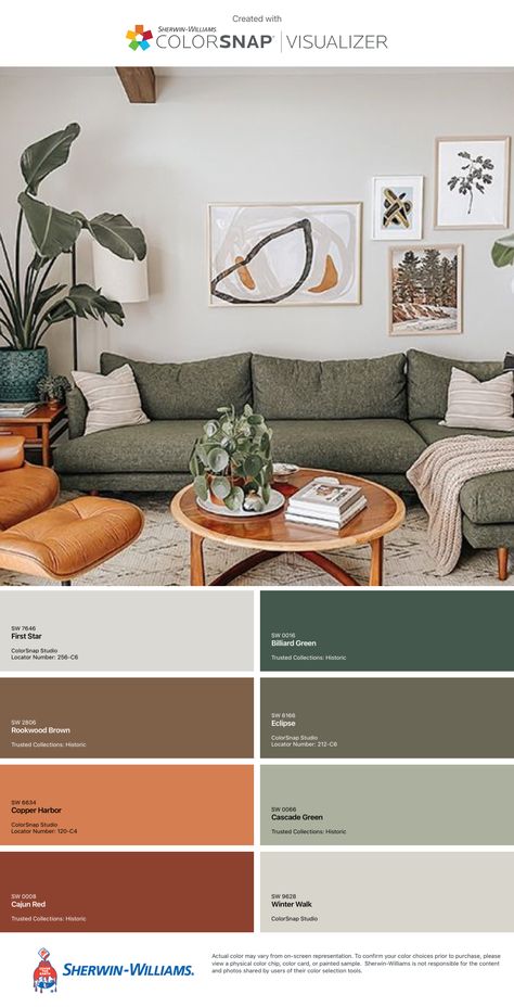 Green Orange Living Room Color Scheme, Brown And Green Living Room Decorating Ideas, Green Pallet Living Room, Boho Room Color Palette, Green Living Room Brown Sofa, Brown And Green Living Room Earth Tones, Green Couch Terracotta Wall, Green Yellow Brown Living Room, Green Burnt Orange Living Room