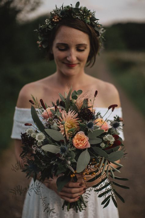 Farm wedding in the Scottish highlands. Autumnal blooms, thistles, dahlias, rowan berries, eucalyptus, vuvuzella roses.  Photo credit: www.foxandbearphotography.com Thistle Wedding Flowers, Thistle Bouquet Wedding, Scottish Wedding Themes, Enchanted Forest Wedding Theme, Ranunculus Wedding Bouquet, Bridal Bouquet Coral, Fall Bridal Bouquet, Rowan Berries, Thistle Wedding