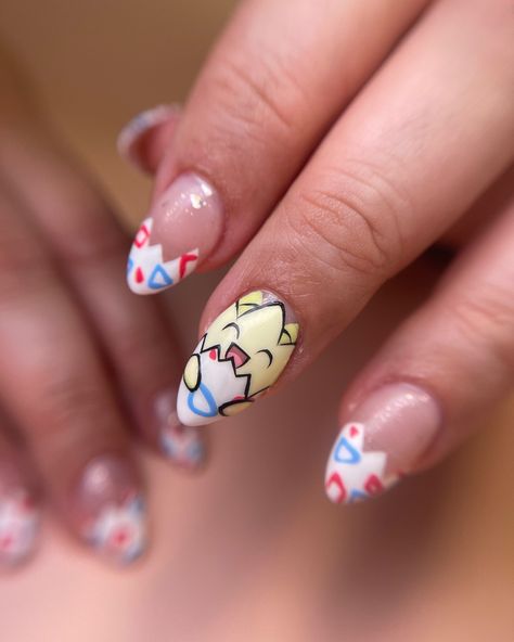 TOGEPI! Omg how cute did this little dude turn out?! 🥹 Maxine had been booked in for a month before she finally got to come and get these wee cuties! 😍 We did one on the thumb for her to look at while she’s driving and one on the ring finger to show everyone else 🤣 completed with some matching frenchies on the other nails! This was a full set of Designer Nails Soft Gel Extensions Togepi Nails, Snorlax Nails, Jigglypuff Nails, Ditto Nails, Nail Art Characters, Pokemon Nails Designs, Eevee Nails, Nintendo Nails, Animal Crossing Nails