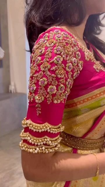 Heavy Work Blouse Designs, Bridal Blouse Designs Heavy Work, Hanging Blouse, Bronze Blouse, Gold Blouse Designs, Tulsi Silks, Pearl Tassels, Blue Blouse Designs, Designer Saree Blouse