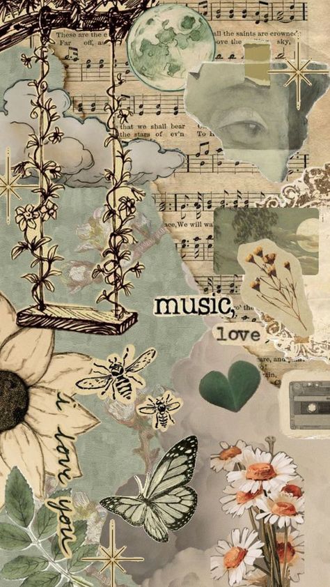 Butterflies, Collage, Flowers, Green, Music